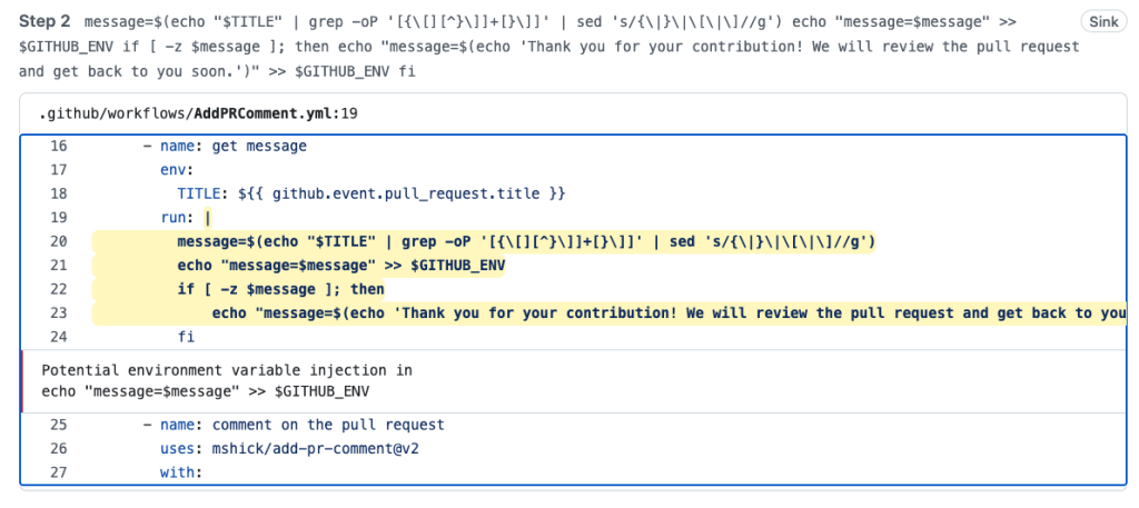 Code snippet showing how untrusted data, such as a pull request’s title, is assigned to the TITLE environment variable