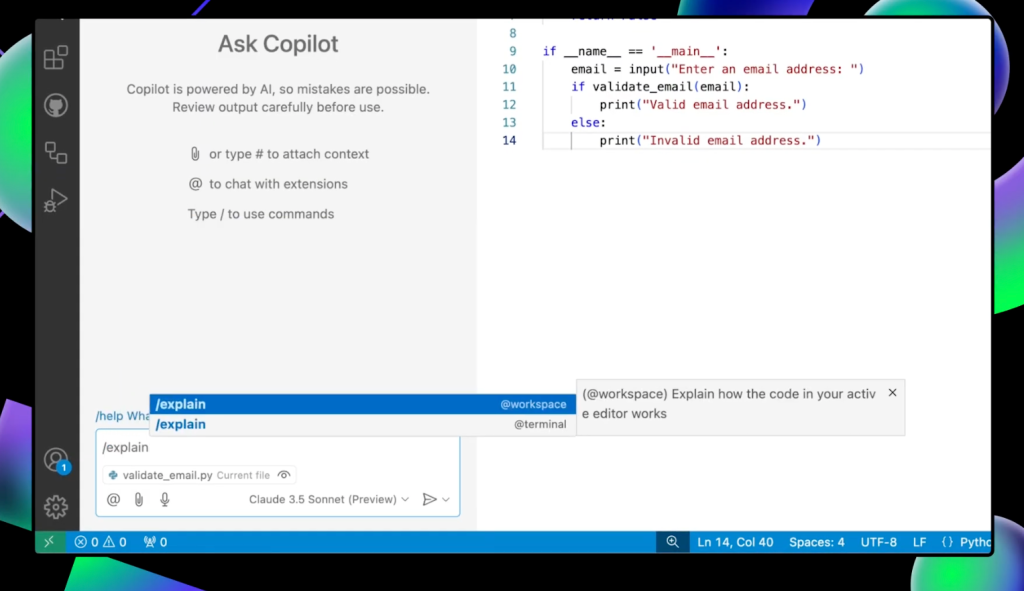 This image is a screenshot of GitHub Copilot in VS Code. Below the code editor, there is a terminal window with the command '/explain' typed in, and a suggestion to explain how the active editor works.