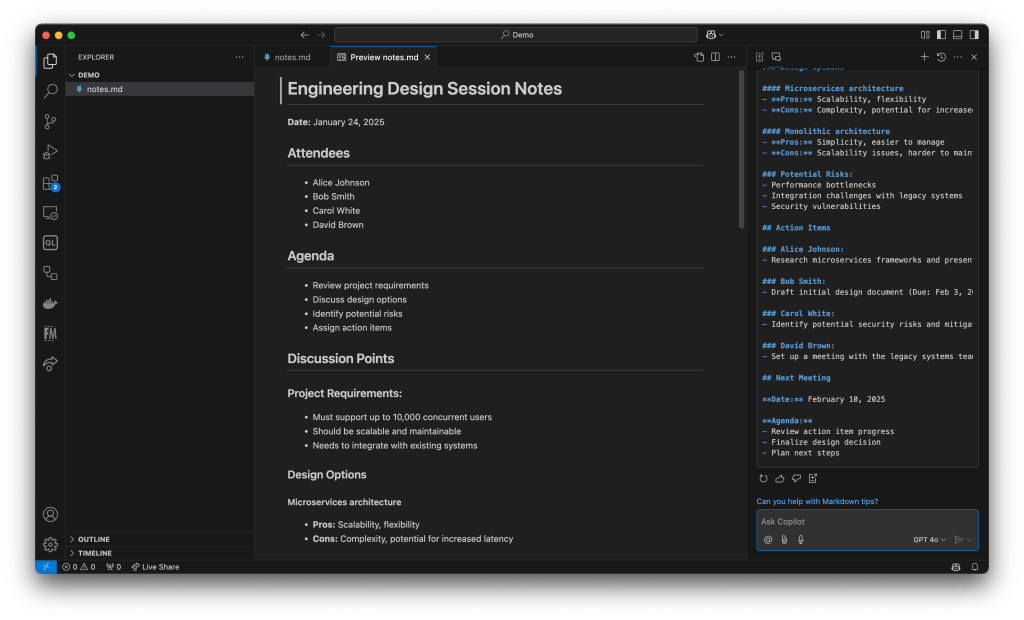 Screenshot of Copilot in VS Code, showing how Copilot can format raw unstructured notes into formatted markdown.