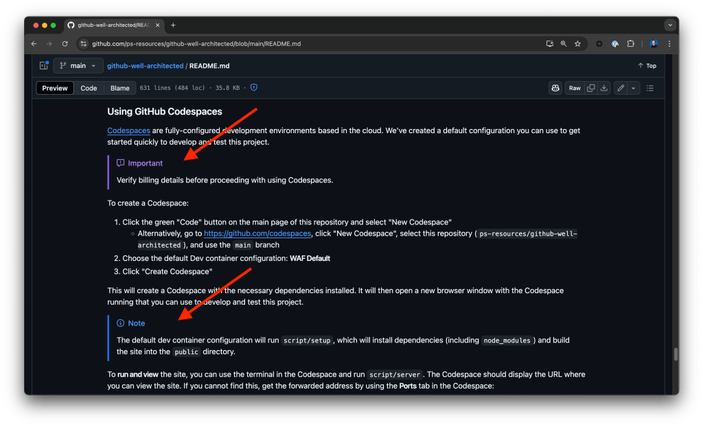 Screenshot of a GitHub README file with arrows highlighting GitHub-specific Markdown formatting used by Copilot after getting custom instructions.