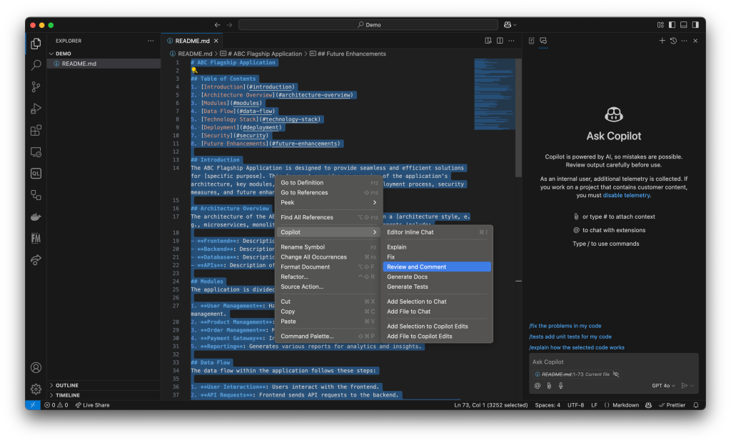 Screenshot of a VS Code window showing a README.md file with selected text. The Copilot context menu is open, highlighting the ‘Review and Comment’ option. The right panel displays the ‘Ask Copilot’ chat interface.