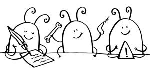 Three cartoon bugs collaborating—one writing, one holding a wrench, and another pointing at a warning sign, representing teamwork in debugging and security.