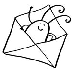 A cartoon bug happily emerging from an open envelope, symbolizing bug reports or vulnerability disclosures.