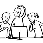 Three people gathered around a computer screen with puzzled and concerned expressions, discussing something on the screen.