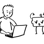 A person typing on a laptop while a small, animated robot (Dependabot) with arms raised in excitement interacts beside them.