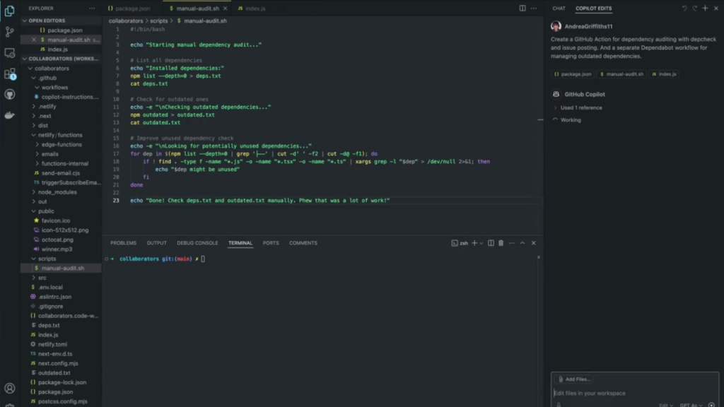 A screenshot of VS Code showing a Bash script for manual dependency auditing. The script named 'manual-audit.sh' is open in the editor, displaying code that lists dependencies, checks for outdated ones, and identifies potentially unused packages. The script outputs results to deps.txt and outdated.txt files. The left panel shows a file explorer with various project files including JavaScript files and configuration files. On the right side, there's a prompt to GitHub Copilot  to 'Create a GitHub Action for dependency auditing with depcheck and issue posting. And a separate Dependabot workflow for managing outdated dependencies.'