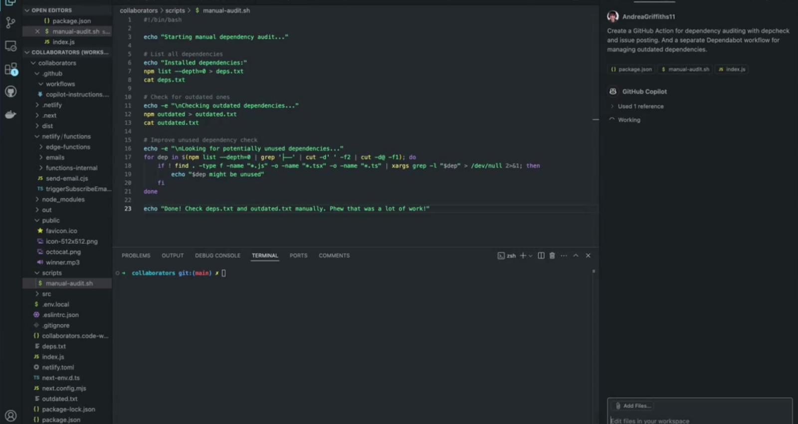 A screenshot of VS Code showing a Bash script for manual dependency auditing. The script named "manual-audit.sh" is open in the editor, displaying code that lists dependencies, checks for outdated ones, and identifies potentially unused packages. The script outputs results to deps.txt and outdated.txt files. The left panel shows a file explorer with various project files including JavaScript files and configuration files. On the right side, there's a prompt to GitHub Copilot to "Create a GitHub Action for dependency auditing with depcheck and issue posting. And a separate Dependabot workflow for managing outdated dependencies."