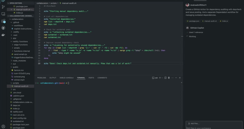 A screenshot of VS Code showing a Bash script for manual dependency auditing. The script named "manual-audit.sh" is open in the editor, displaying code that lists dependencies, checks for outdated ones, and identifies potentially unused packages. The script outputs results to deps.txt and outdated.txt files. The left panel shows a file explorer with various project files including JavaScript files and configuration files. On the right side, there's a prompt to GitHub Copilot to "Create a GitHub Action for dependency auditing with depcheck and issue posting. And a separate Dependabot workflow for managing outdated dependencies."