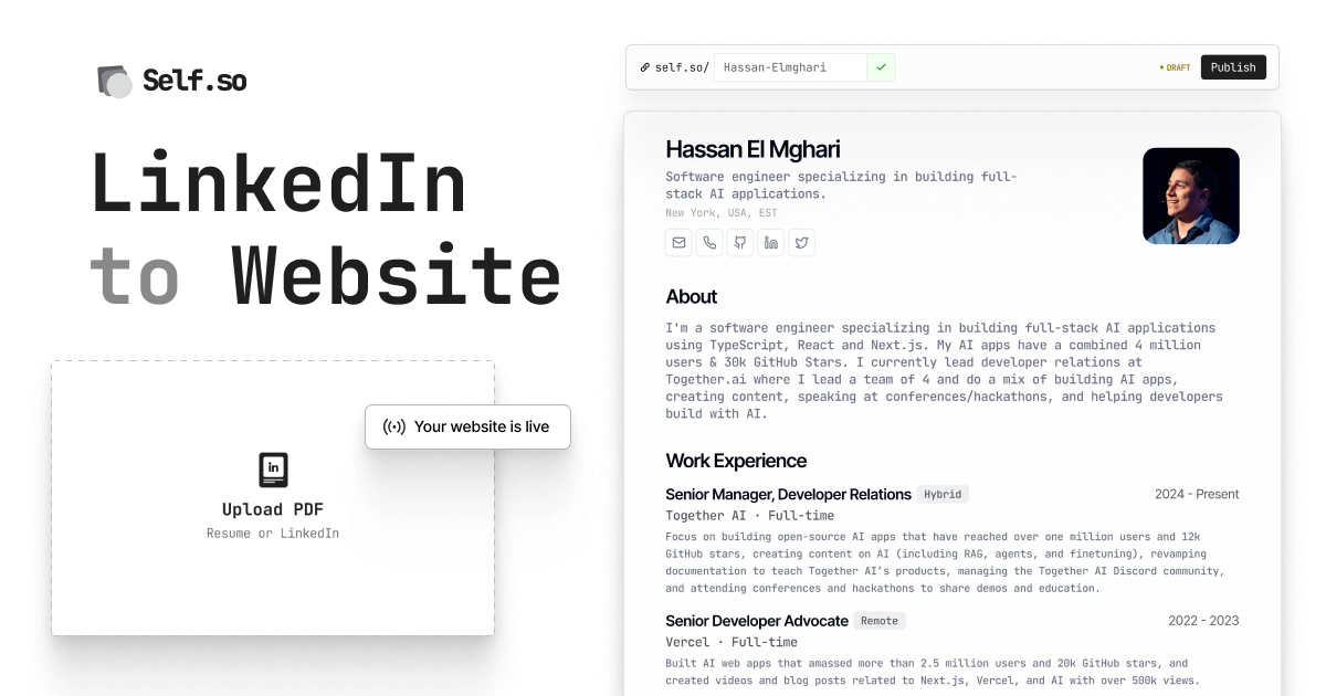A screenshot of Self.so turning a LinkedIn profile into a website.
