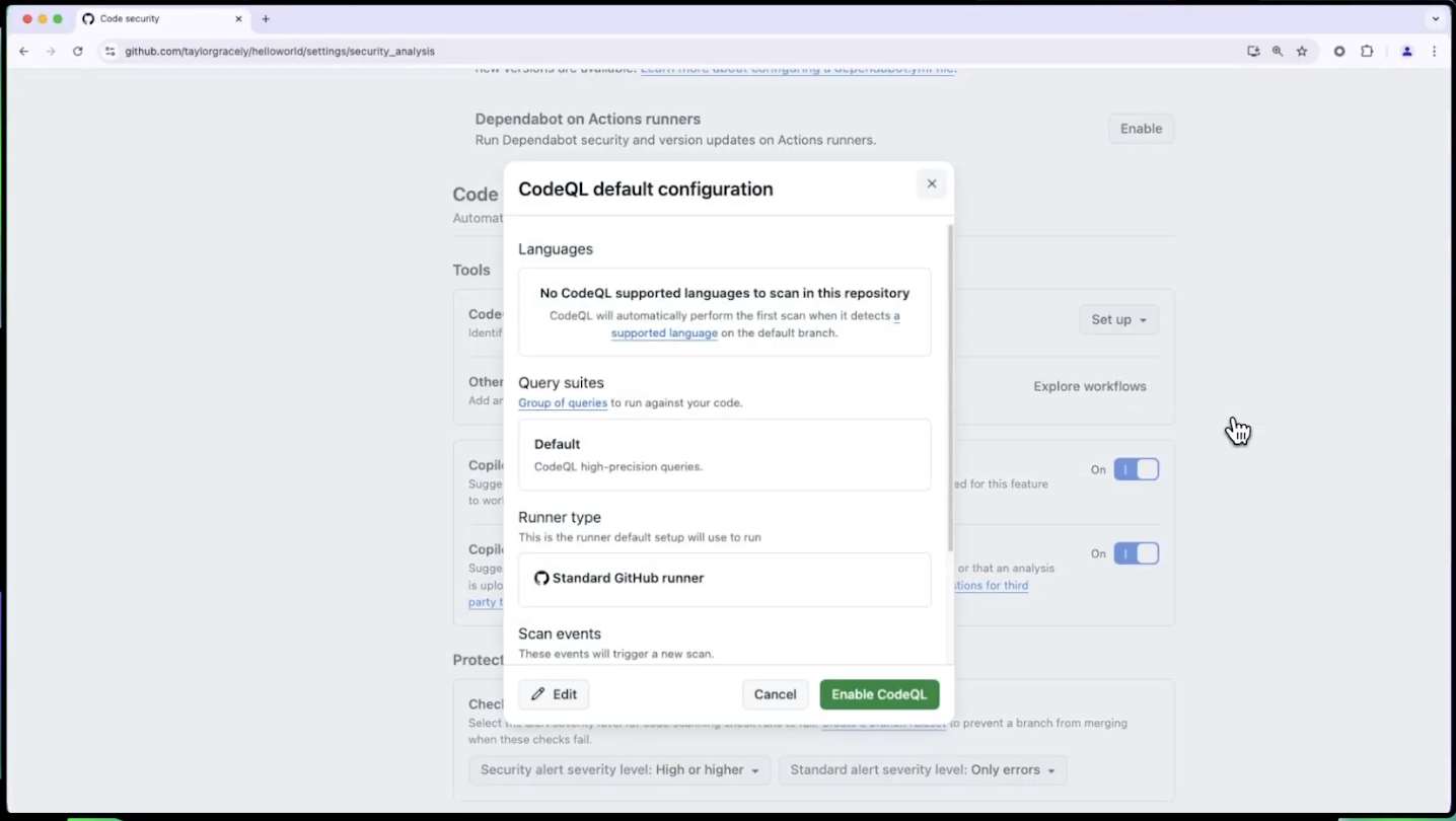A screenshot showing the window where you can enable CodeQL analysis.