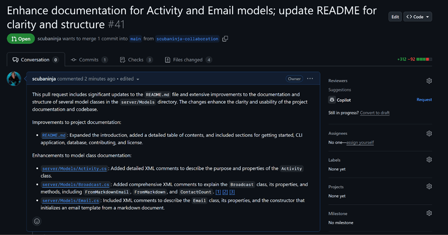 A screenshot showing a pull request summary generated by Copilot.