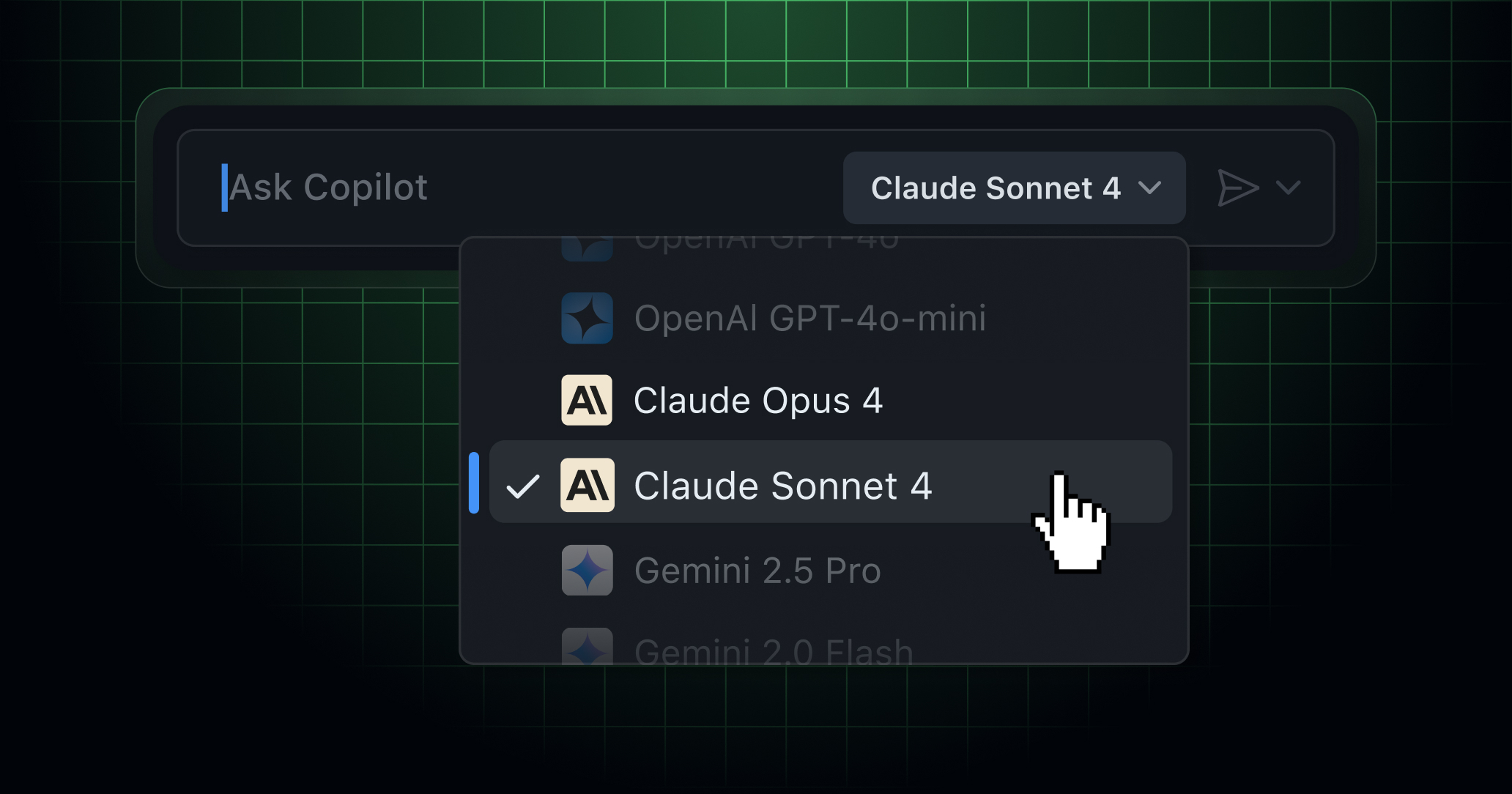 Model picker highlighting the availability of the Claude Sonnet 4 and Claude Opus 4 models