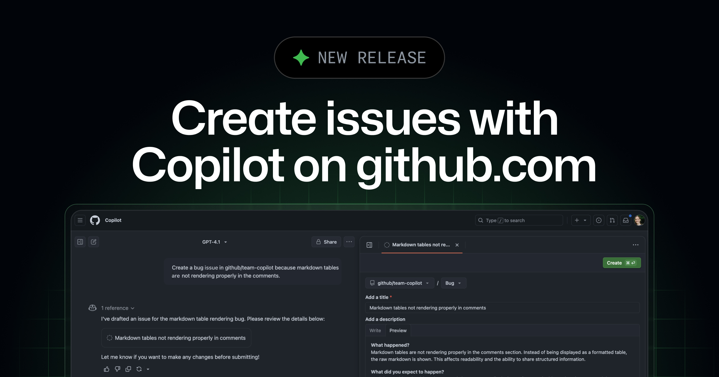 Creating issues with Copilot on github.com is in public preview