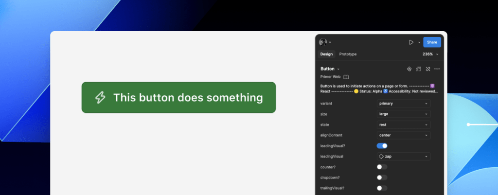A green Primer button with a lightning bolt icon and a label that says: this button does something. To the right is a set of Figma component properties that control the button’s visual appearance.