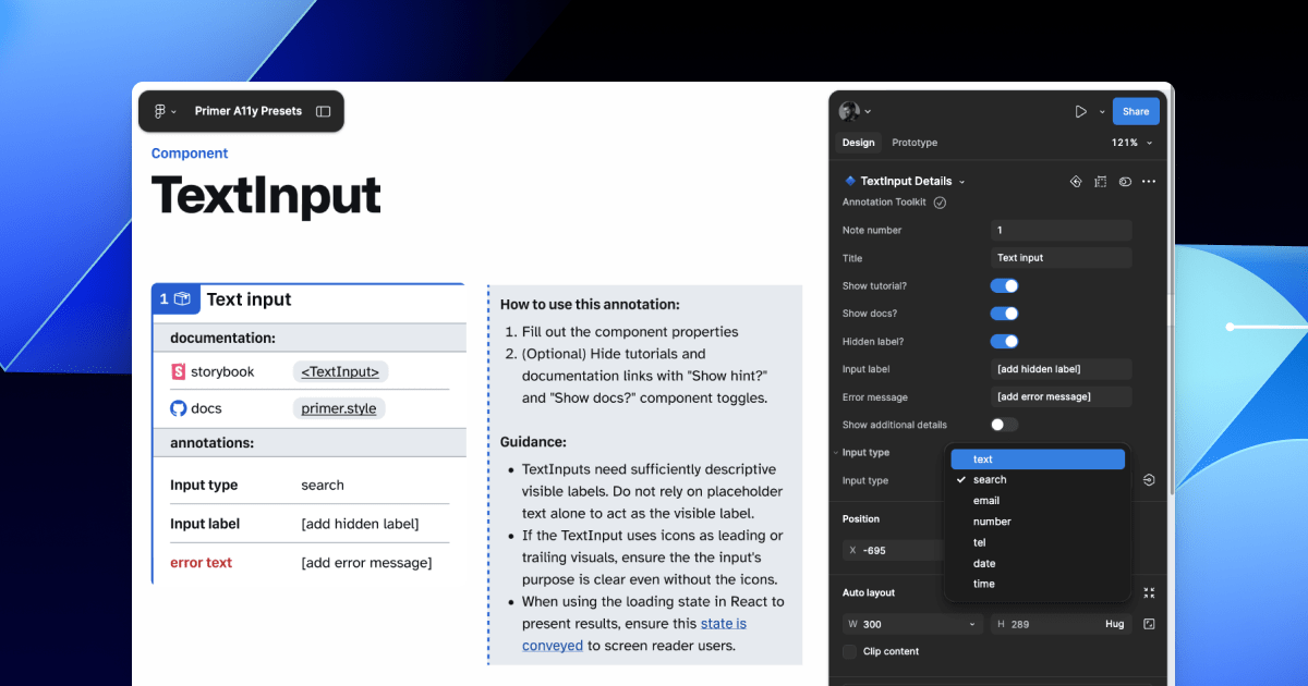 A Preset annotation for the TextInput component in Figma. It shows documentation links,usage guidance, and fields for input type, label, and error text. The Figma sidebar shows options for all of these options, including toggles for the optional fields and a drop-down for the input type.