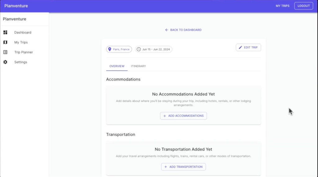 A screenshot of the Accommodations and Transportation page on Planventure.