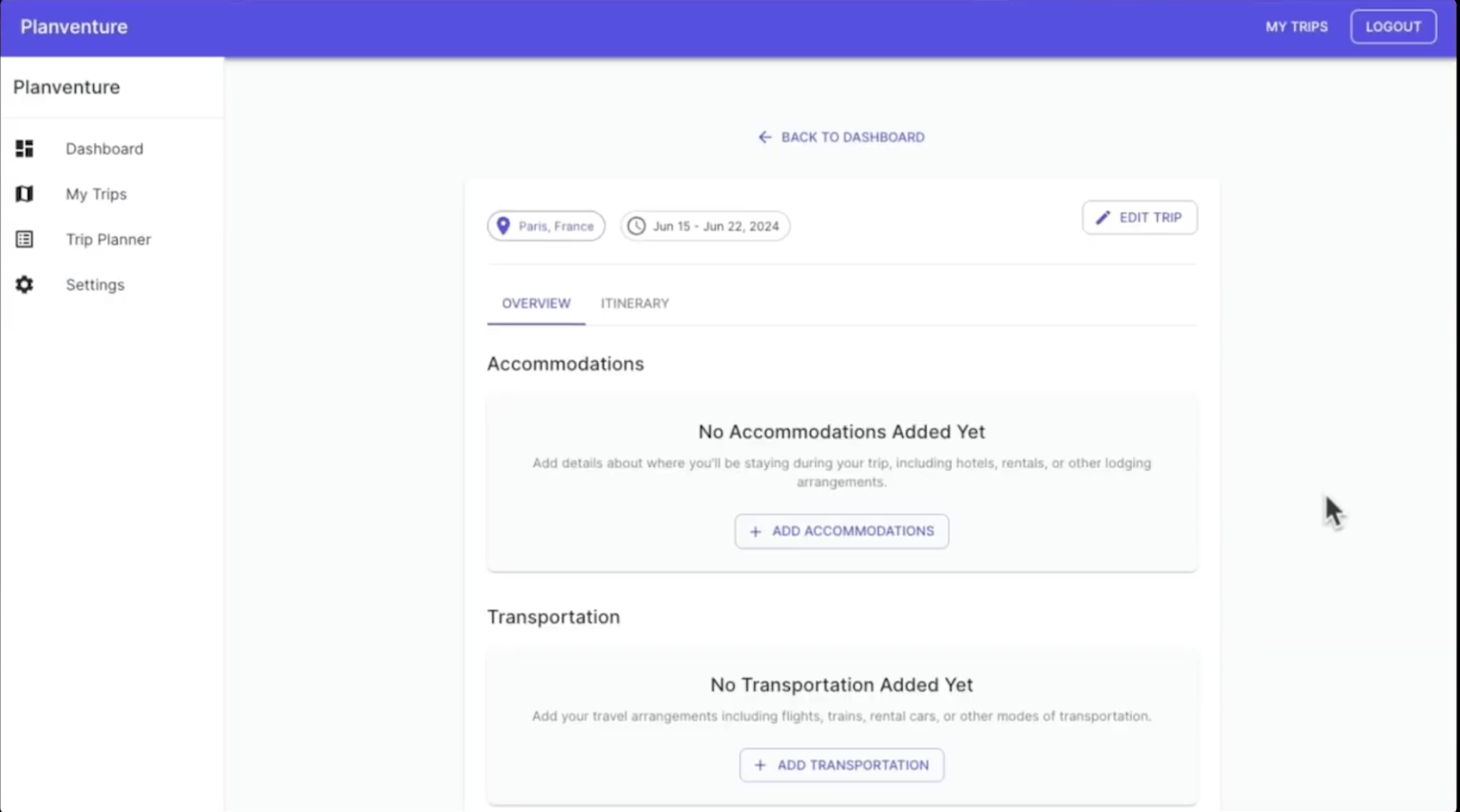 A screenshot of the Accommodations and Transportation page on Planventure.