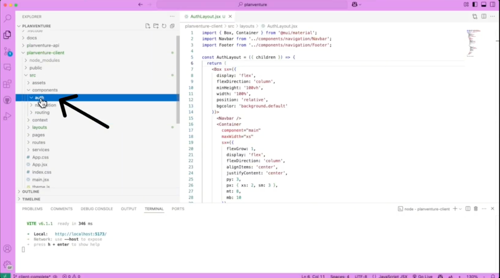 A screenshot showing the location of the "auth" folder.