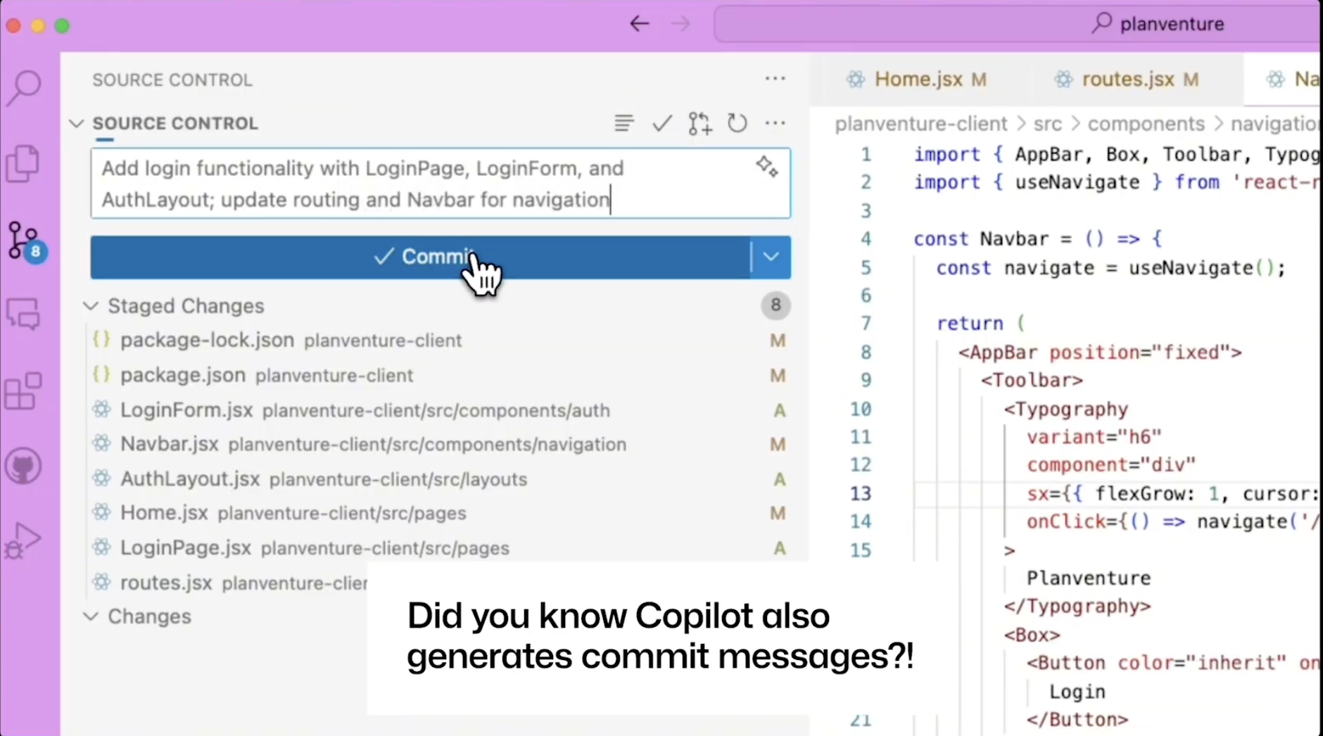 A screenshot showing a commit message generated by GitHub Copilot.