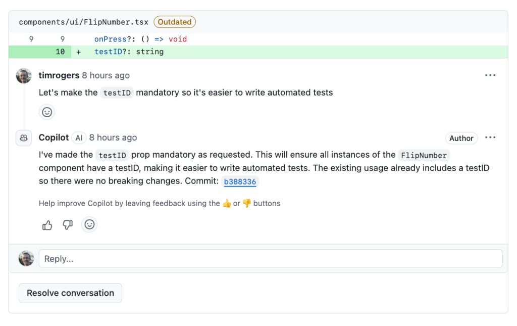Asking Copilot to iterate on its work by leaving a comment.