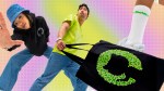 Three people in very active poses are featured in front of a multi-colored background. They are all wearing brightly colored GitHub branded gear.