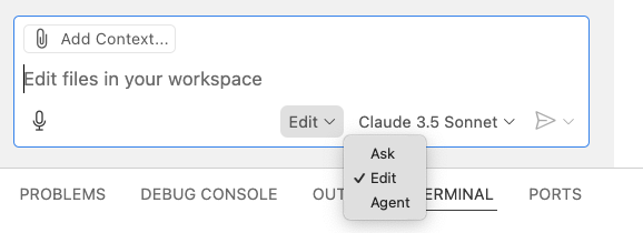 A screenshot showing the drop-down menu to select ask, edit, or agent mode in Copilot.