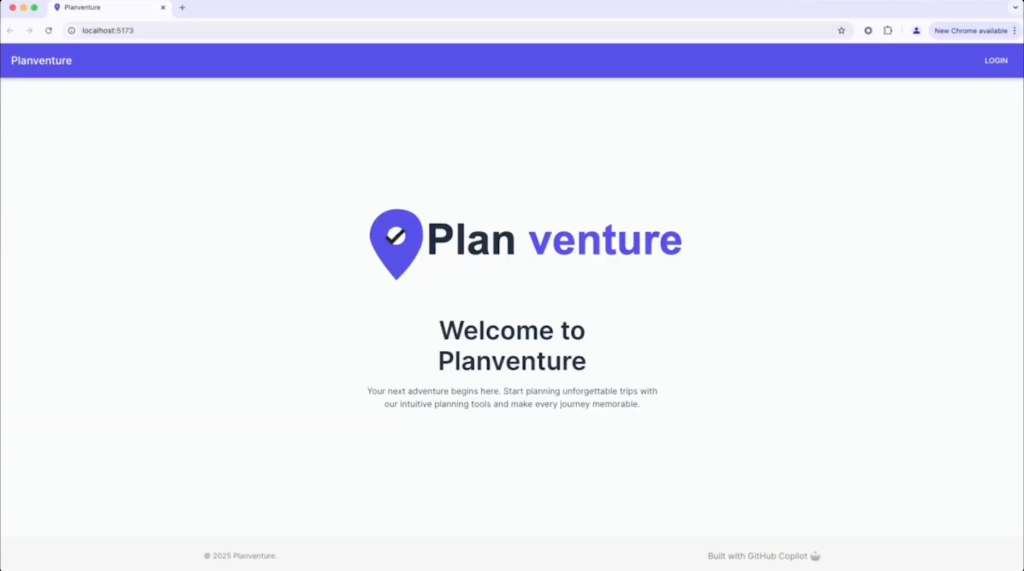 A screenshot of the Planventure homescreen.