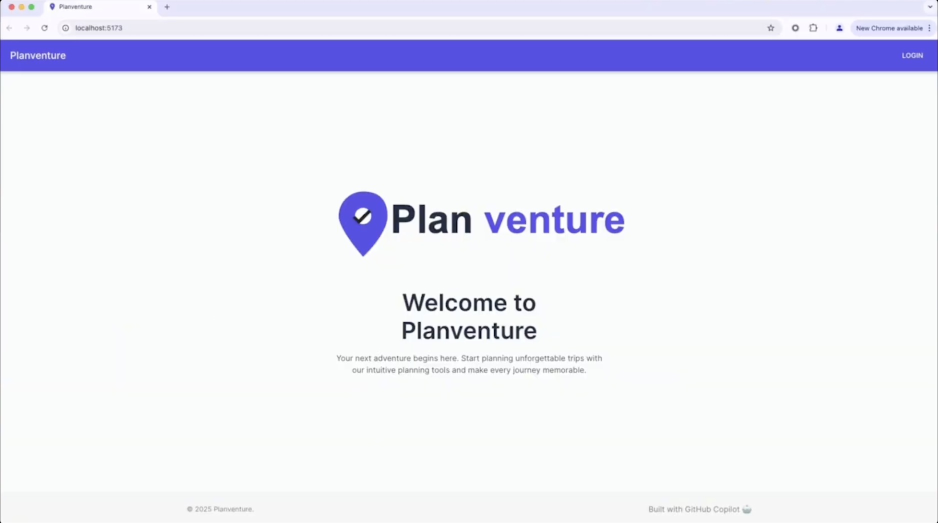 A screenshot of the Planventure homescreen.