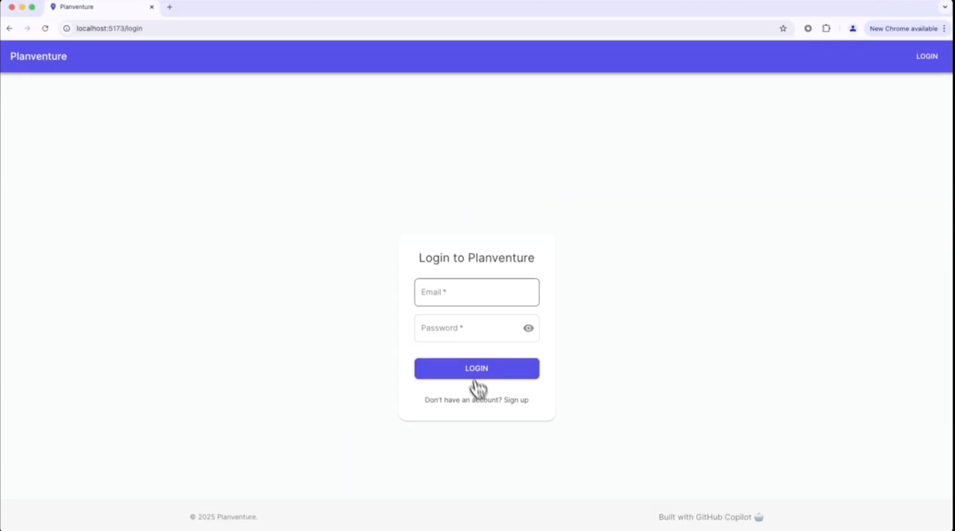 A screenshot showing the Planventure login page.