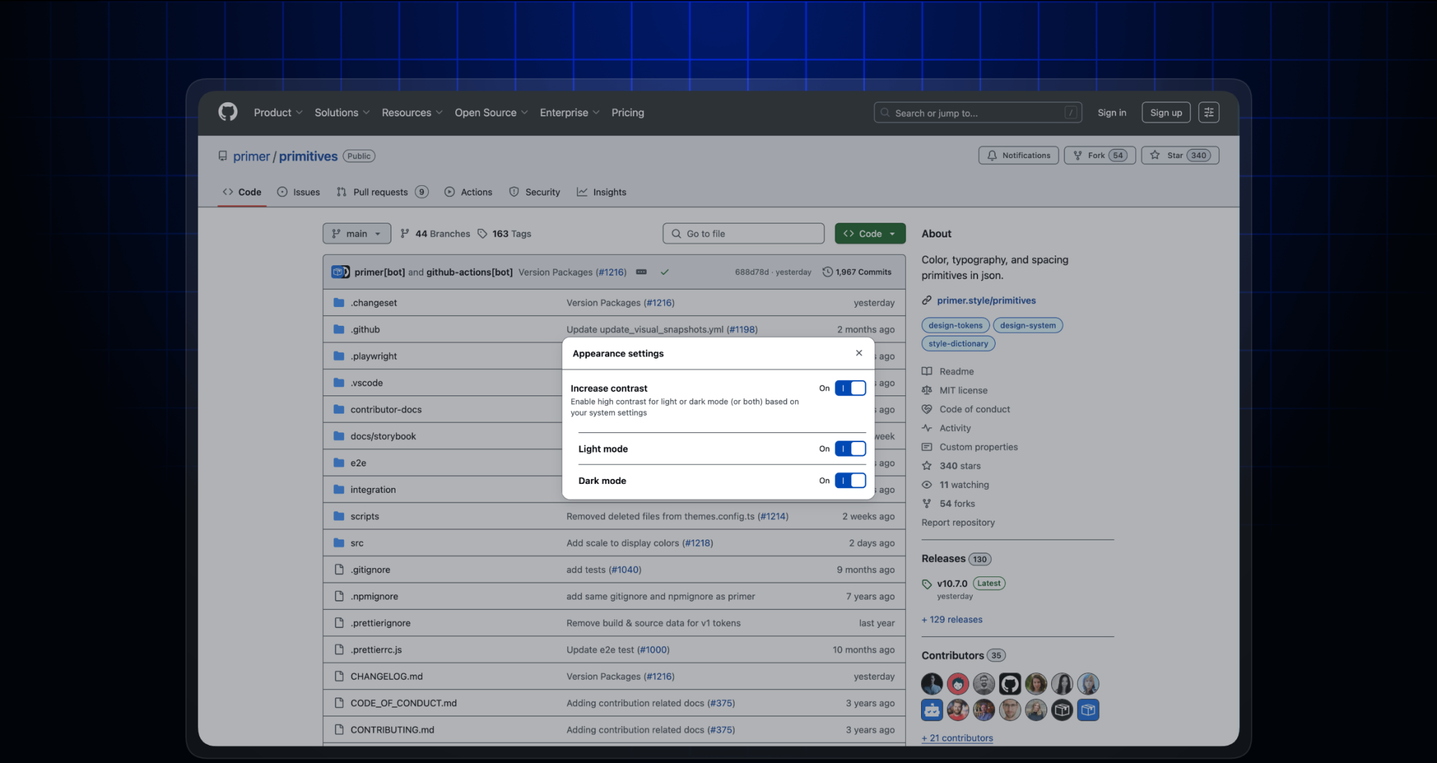 A screenshot of GitHub with a pop-up dialog labeled "Appearance settings", offering options to toggle "Increase contrast," "Light mode," and "Dark mode".
