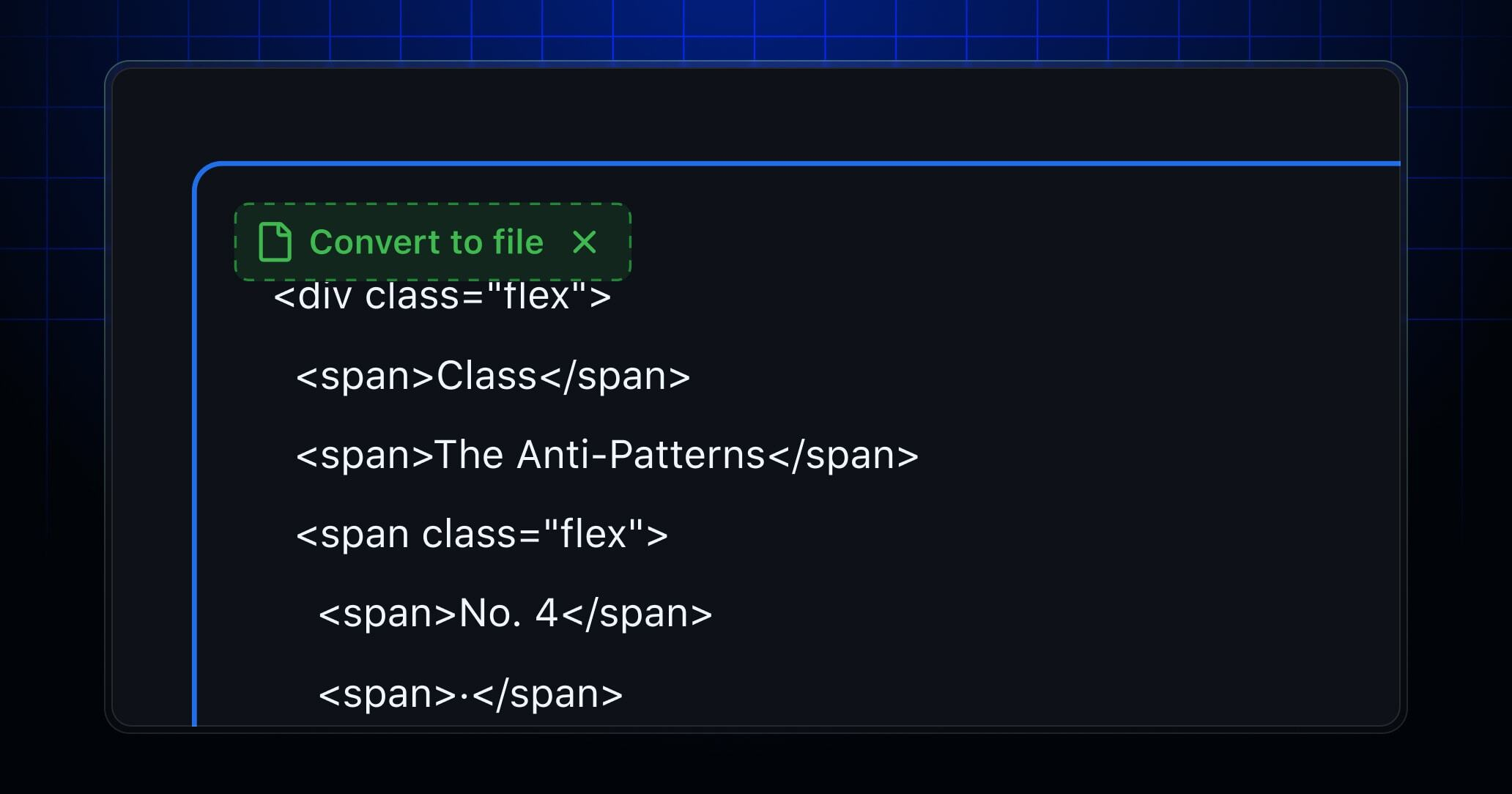 Screenshot of an attachment button in Copilot chat that reads "Convert to file" followed by some arbitrary text in the input.