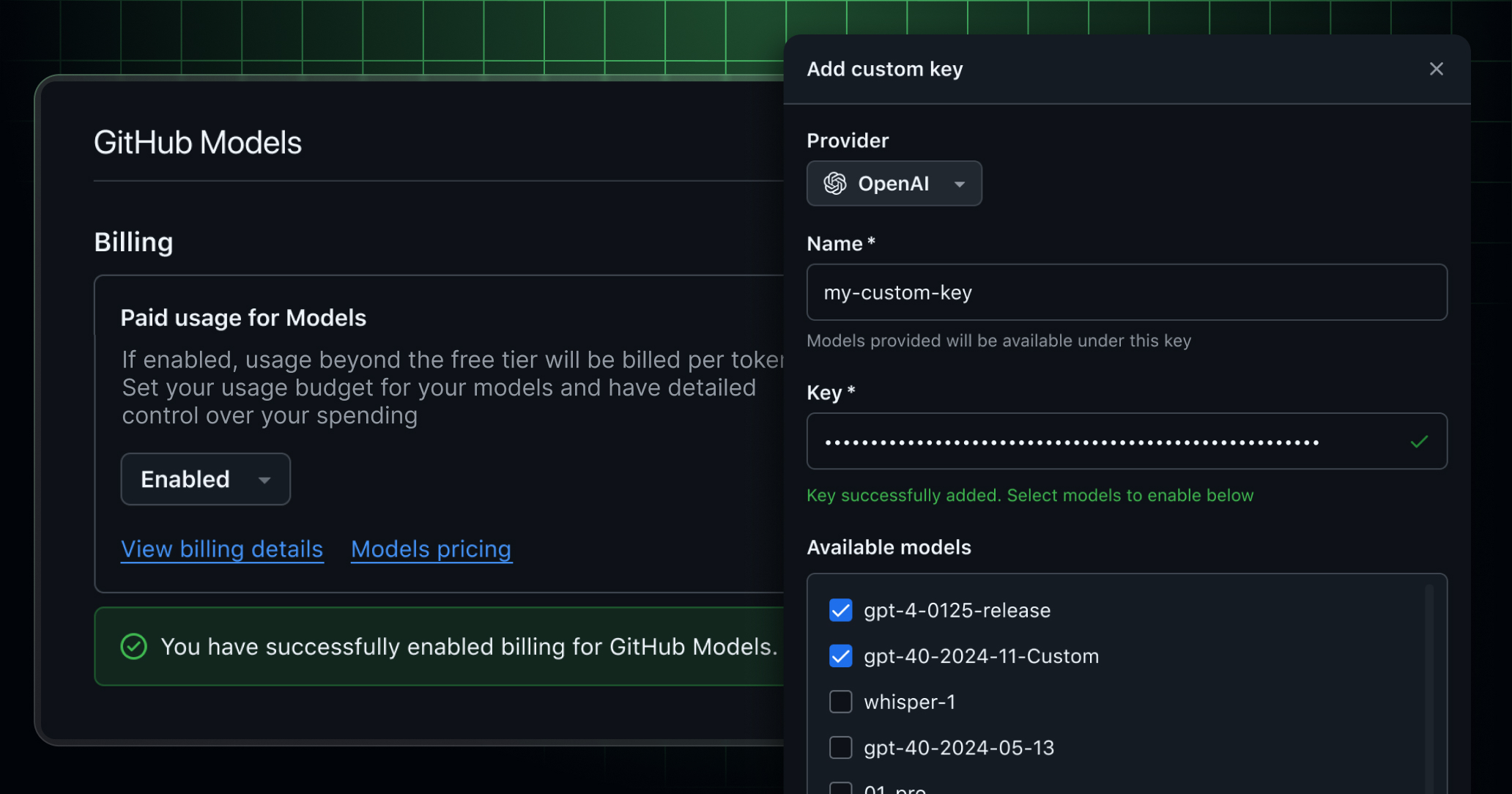 Bring you own key & Billing in GitHub Models