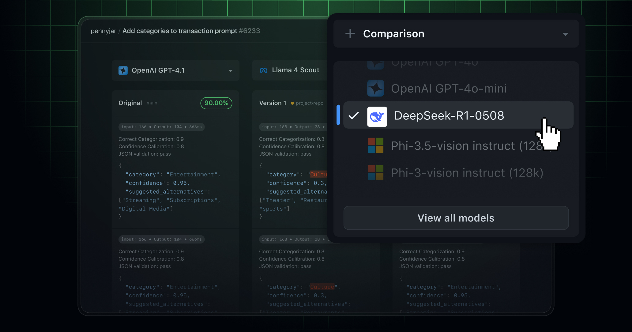 Cursor clicking on DeepSeek-R1-0528 in a list of available models.