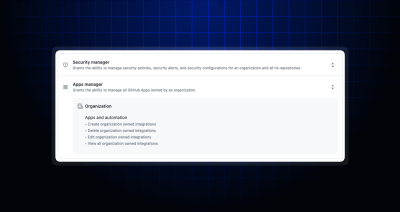 A screenshot of the new app manager role in the organization settings UI, showing that the role is made of four permissions: create, view, edit, and delete GitHub Apps