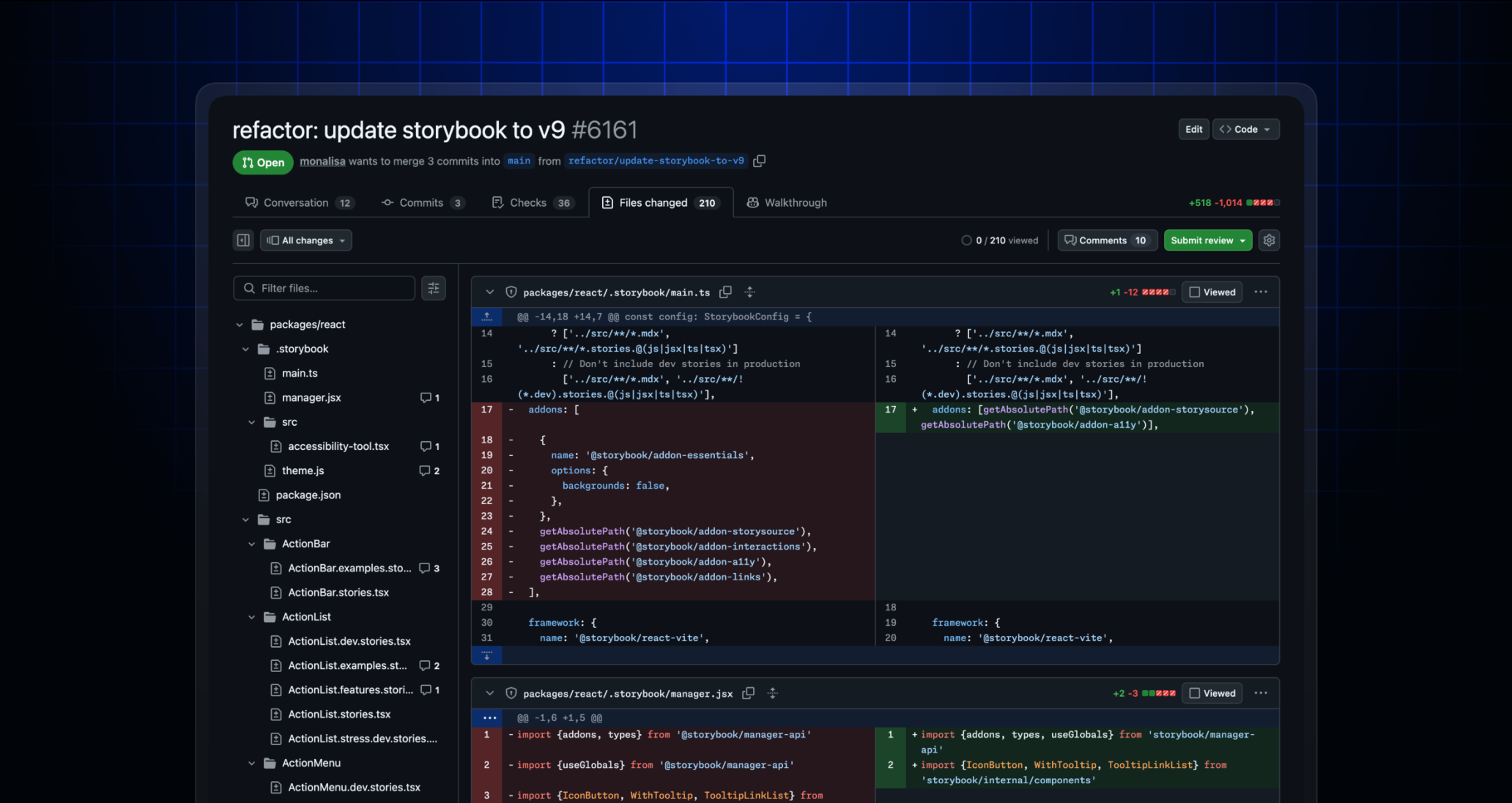 Screenshot showing the GitHub pull request "Files changed" page with an improved file tree on the left and a side-by-side code diff view on the right. The interface is in dark mode.