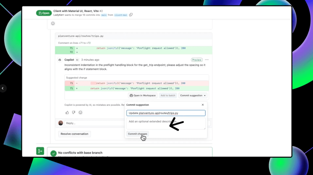 A screenshot showing the 'Commit changes' button in the drop down menu titled 'Commit suggestion.'