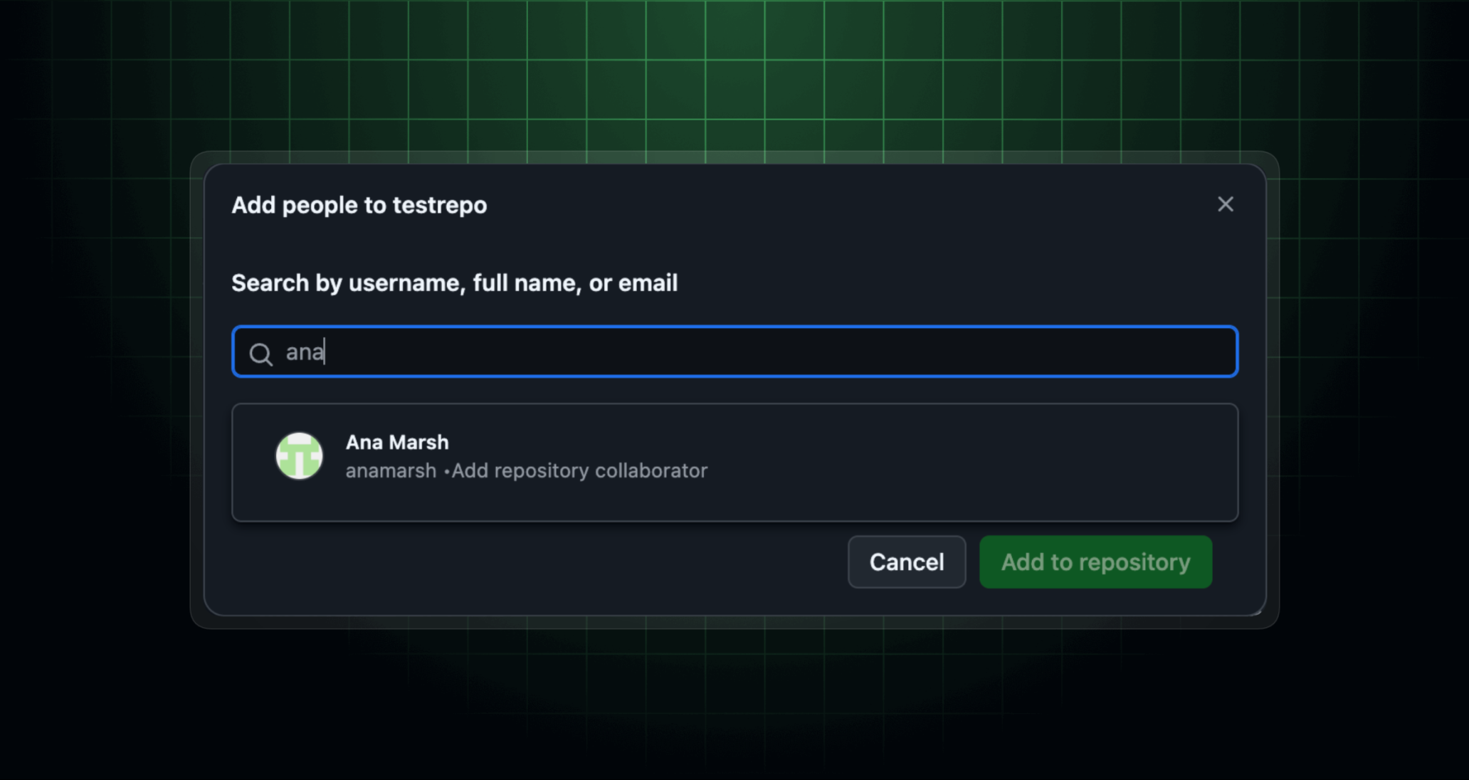 Screenshot showing the repository add collaborator UI, with a search for "ana" returning only one user with a note indicating that they will be a repository collaborator