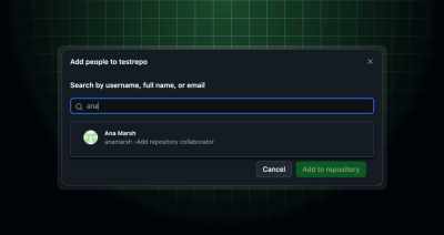 Screenshot showing the repository add collaborator UI, with a search for "ana" returning only one user with a note indicating that they will be a repository collaborator