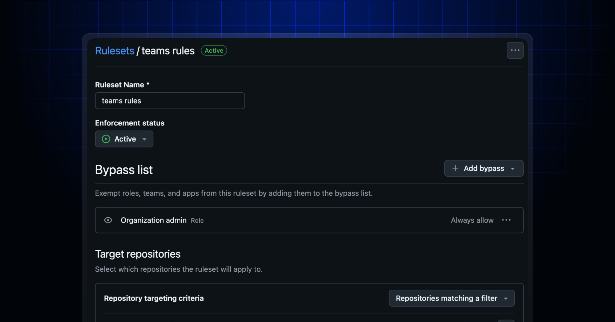 Screenshot of a ruleset page targeting multipule repositories.