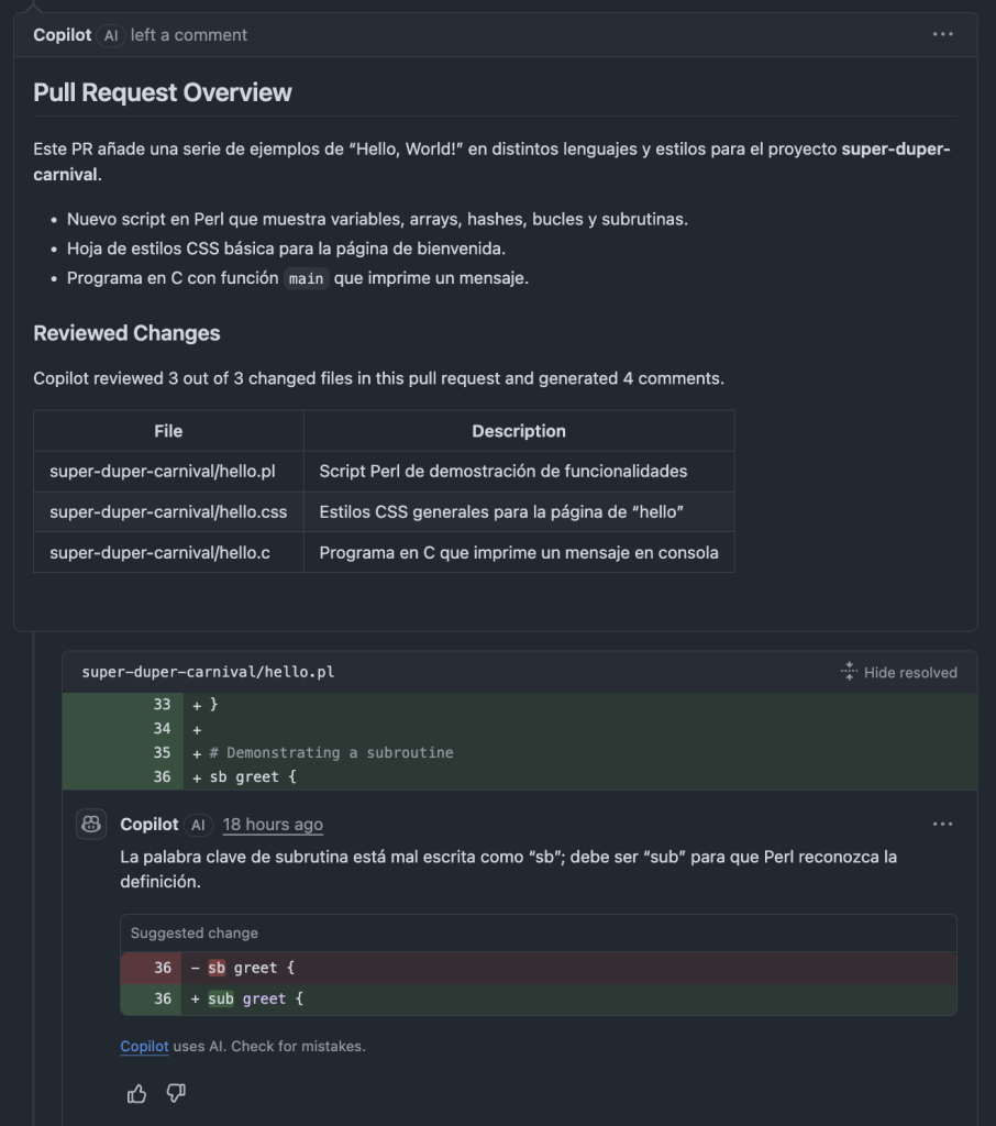 Copilot code review comment in Spanish.