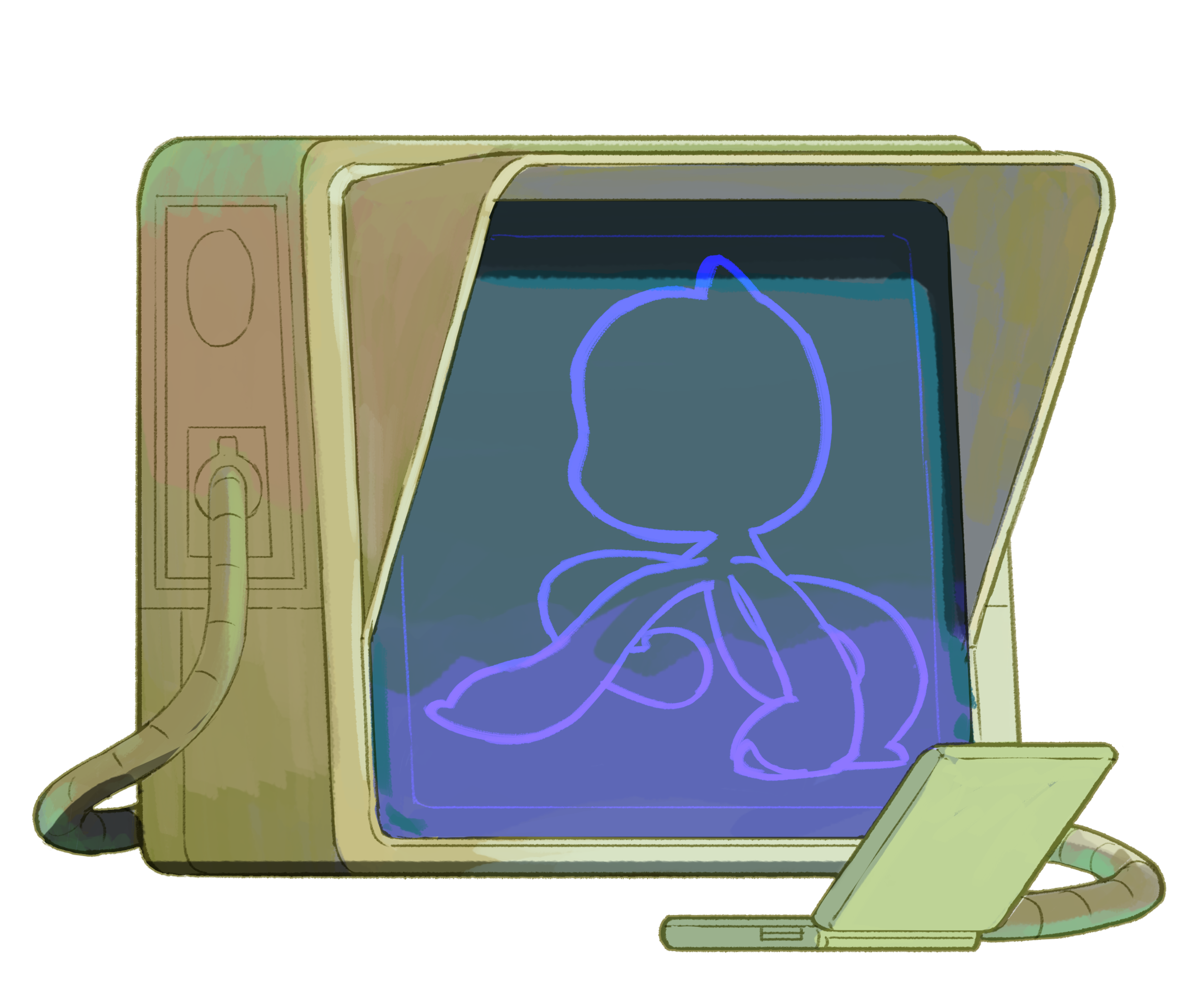 An illustration of a retro computer screen with Mona walking across