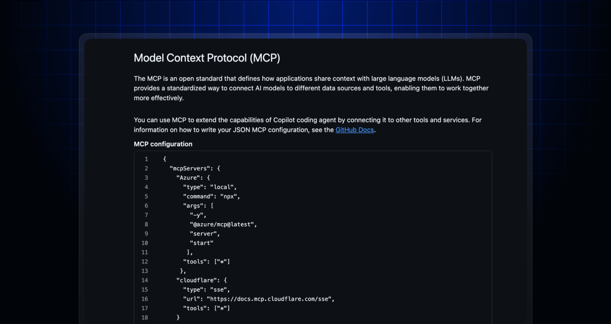Screenshot of MCP configurations in Copilot coding agent