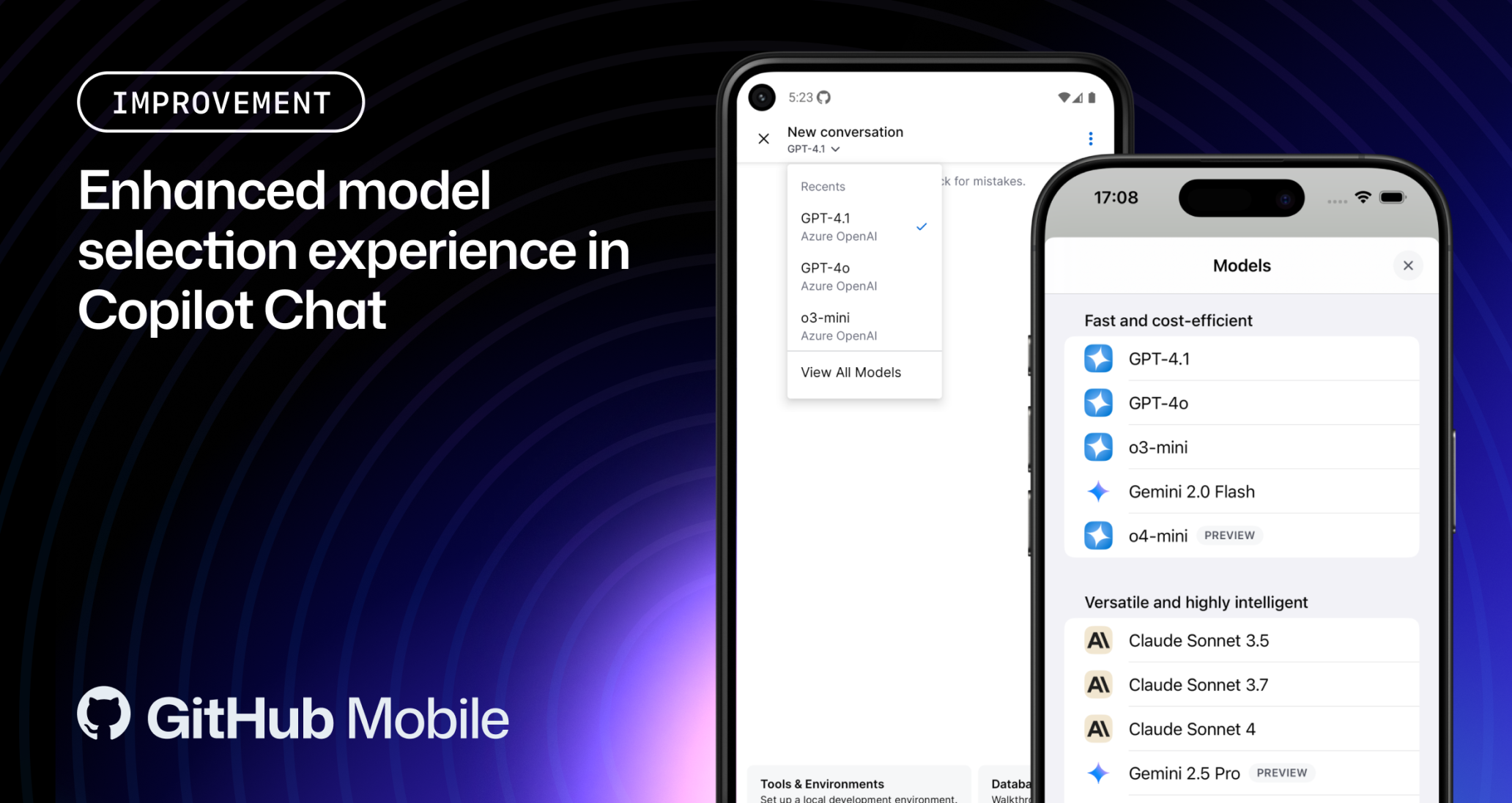 Image showing two screens. On the left it shows the model picker, on the right it shows the new UI with a pull up sheet on mobile.
