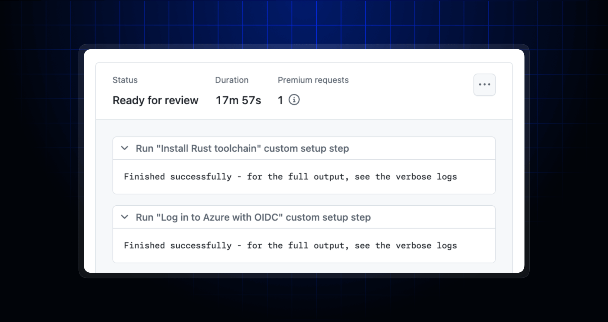 GitHub Copilot coding agent session logs showing custom setup steps