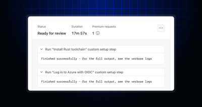 GitHub Copilot coding agent session logs showing custom setup steps