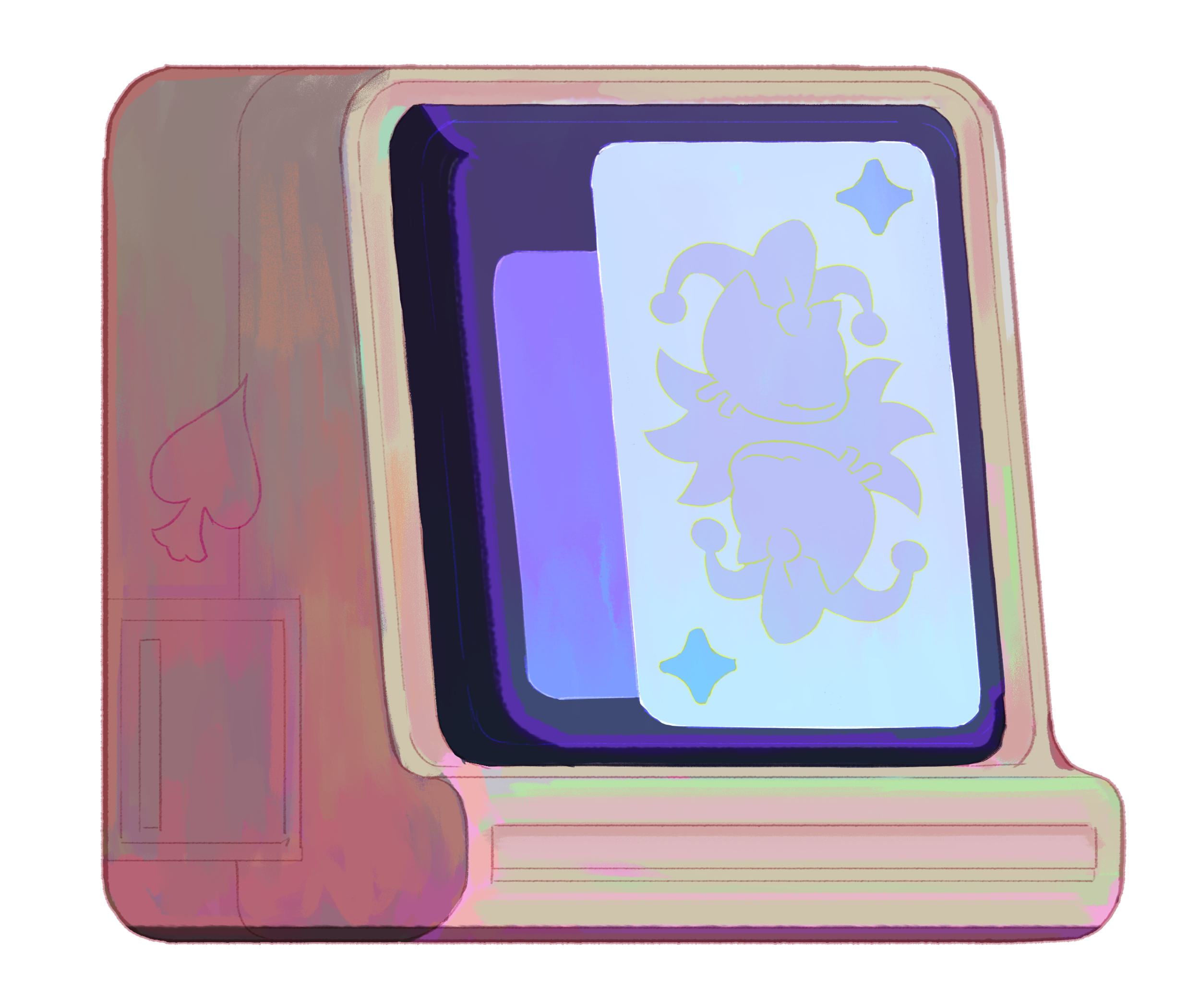 An illustration of a retro computer screen featuring a joker card