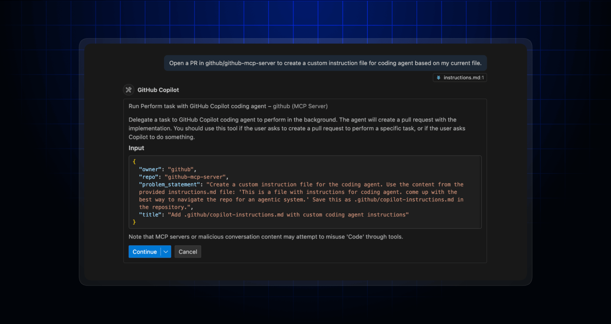 Screenshot of the new Copilot coding agent tool invoked using the GitHub MCP server
