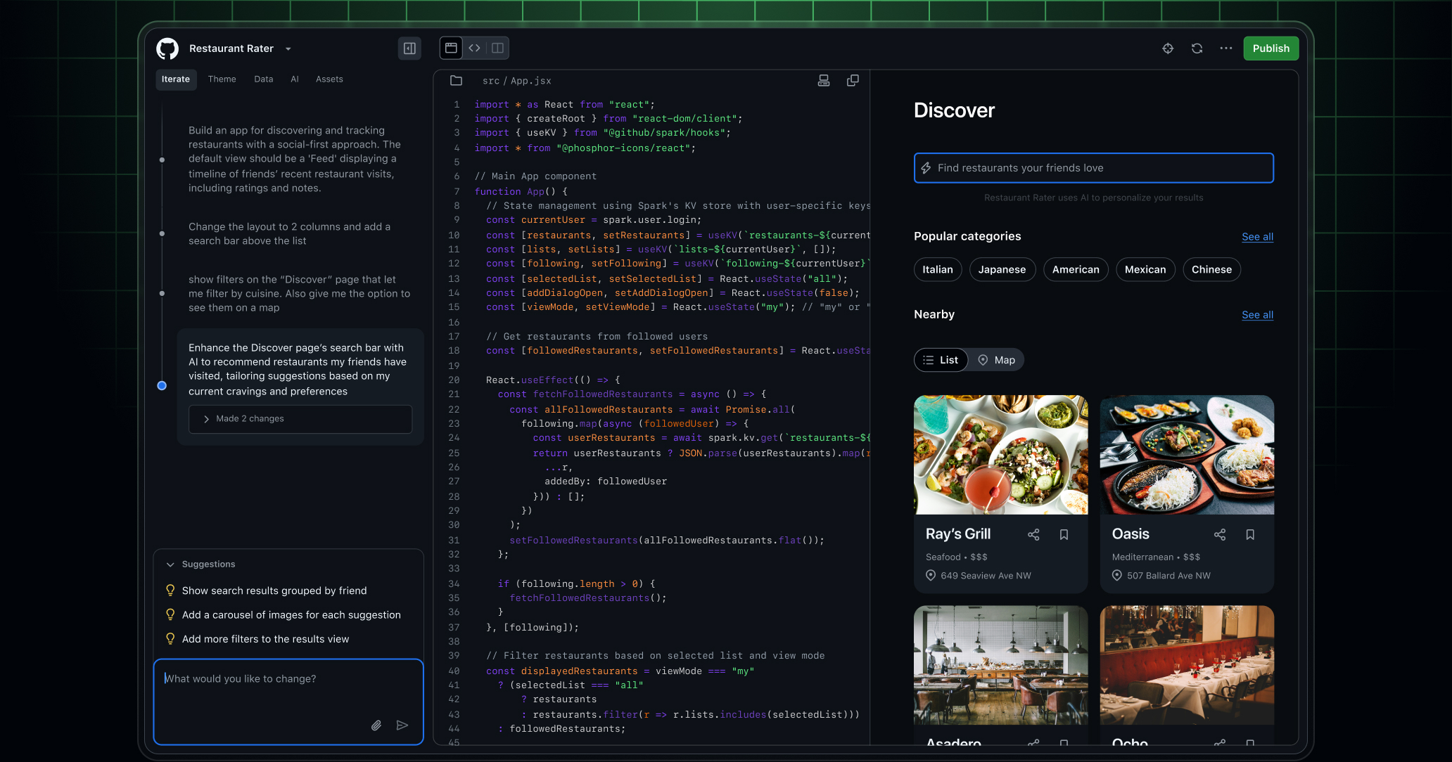 Demo of the GitHub Spark workbench with a restaurant rating app and code exposed