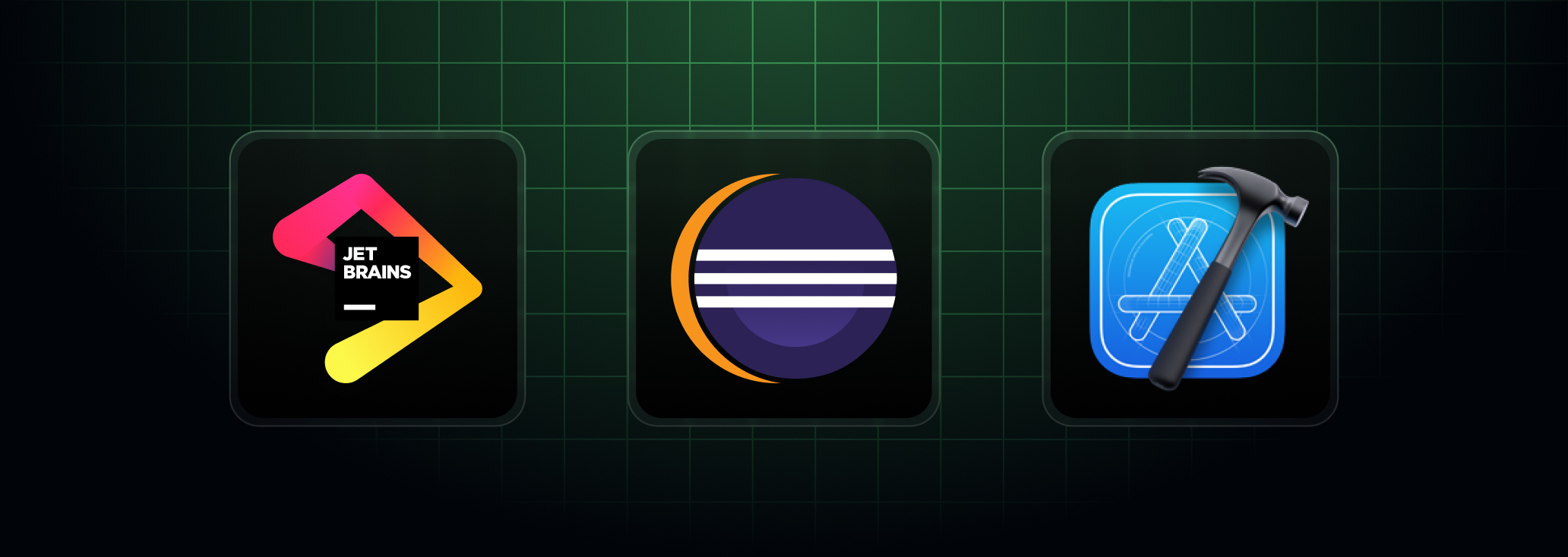 Jetbrains, Eclipse, and Xcode IDE logos