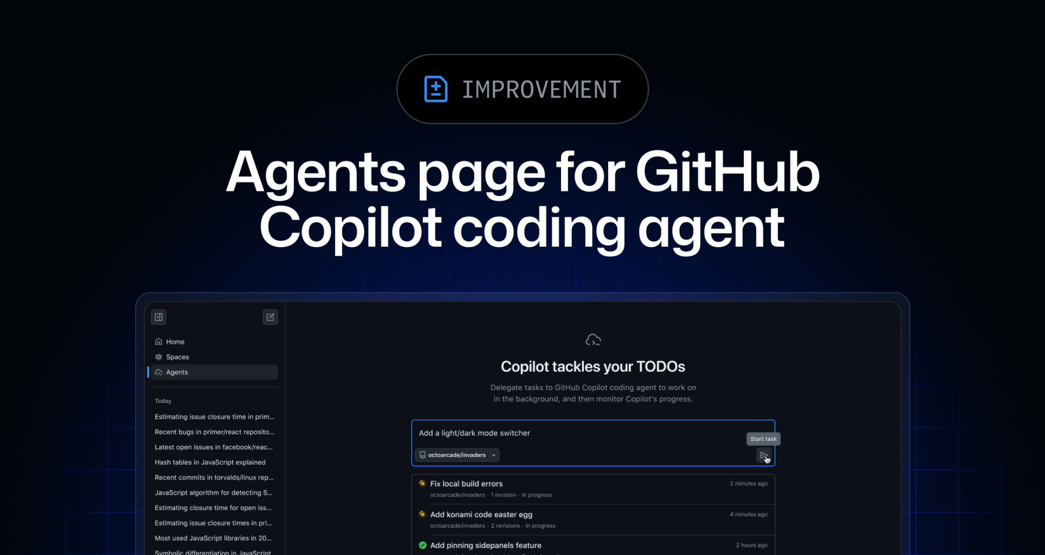 Agents page for GitHub Copilot coding agent